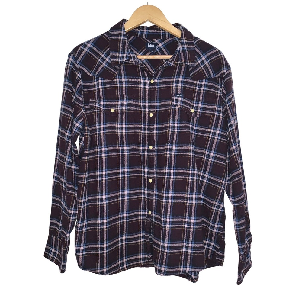 Lee Plaid Flannel Western Snapโ Button Shirt Womens XL Burgundy Blue White